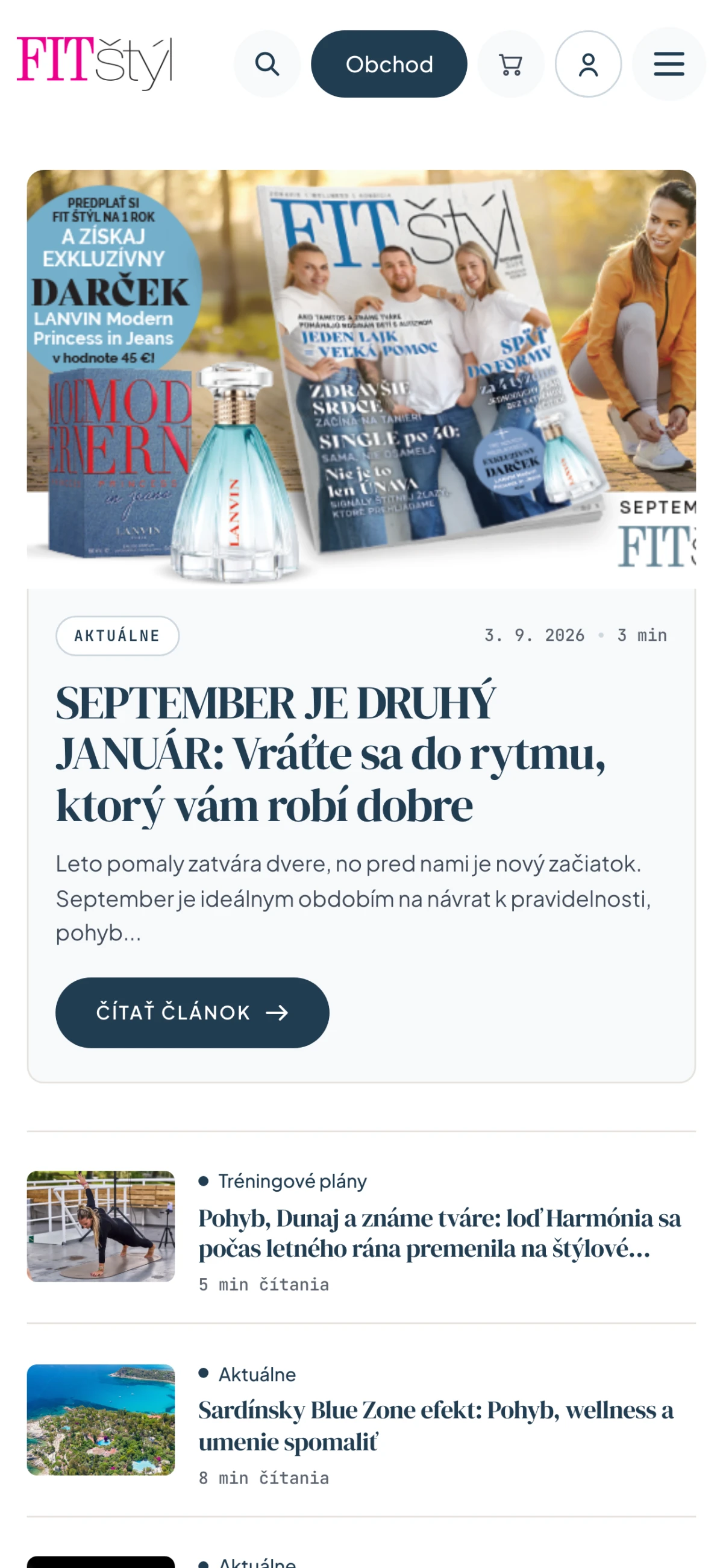 FIT štýl - titulná stránka magazínu na mobile