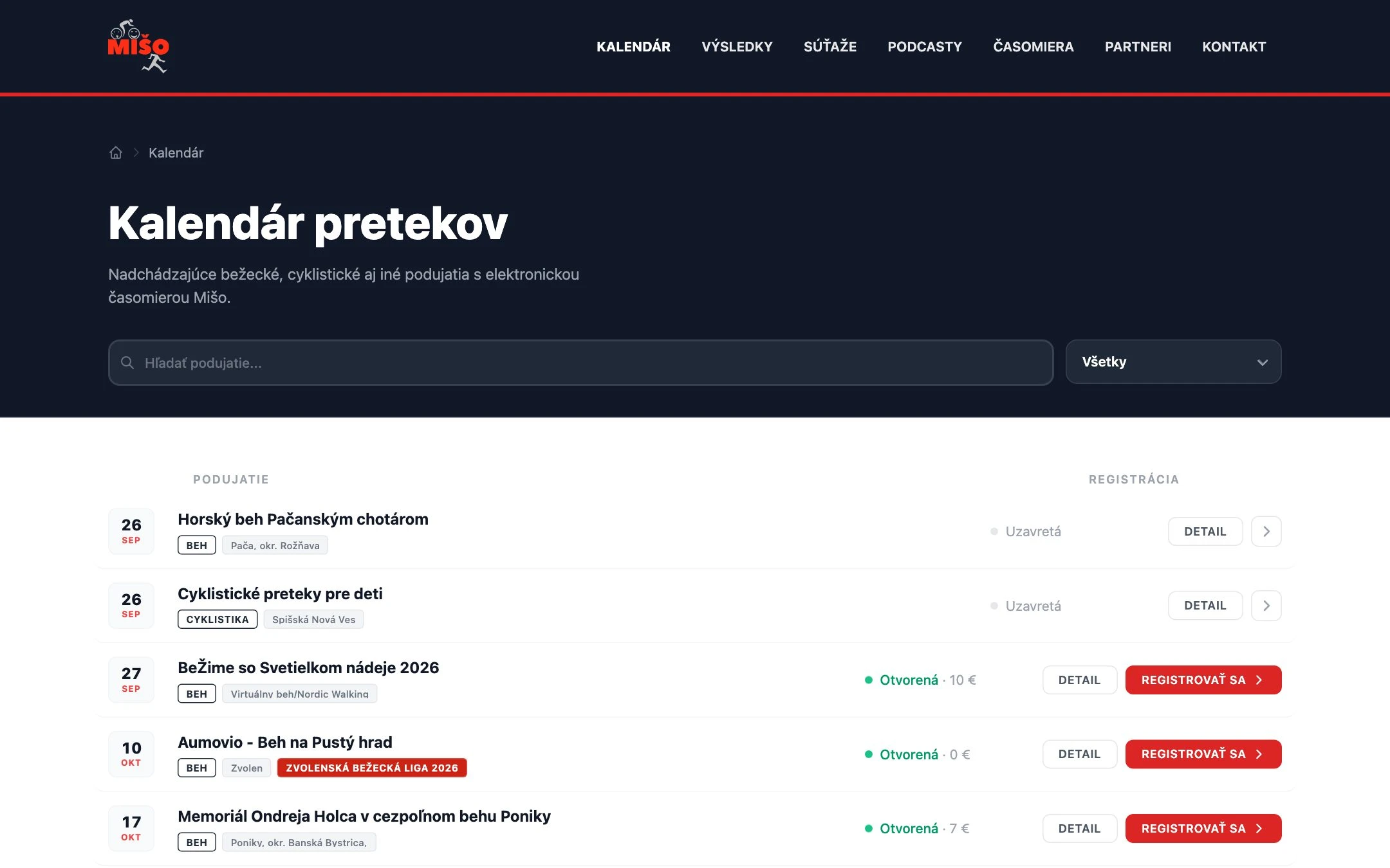 Kalendár pretekov, Mišo Sport - Meranie času a organizácia bežeckých pretekov