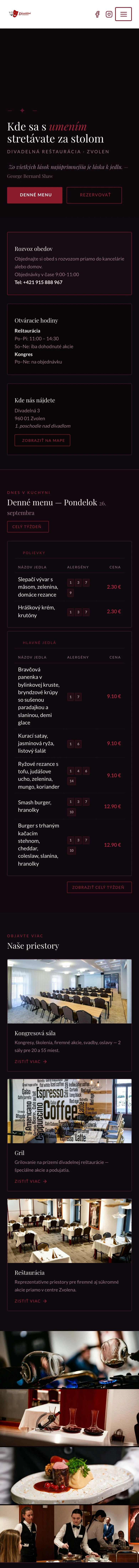 Divadelná reštaurácia Zvolen, celá stránka na mobile