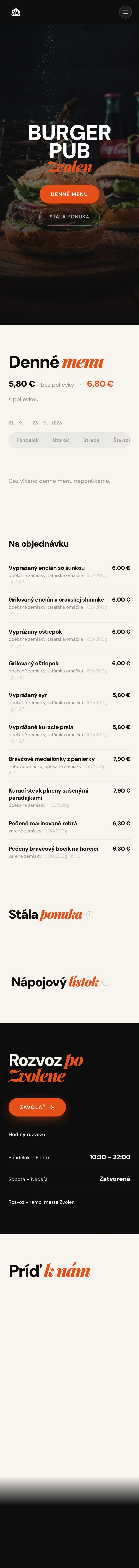 Celá stránka na mobile, Burger Pub Zvolen - Smash burgre a craft pivo